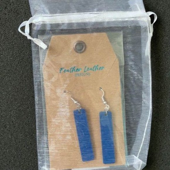 Cobalt Blue Rectangular Smooth Leather Earrings 1 - Picture 3 of 3